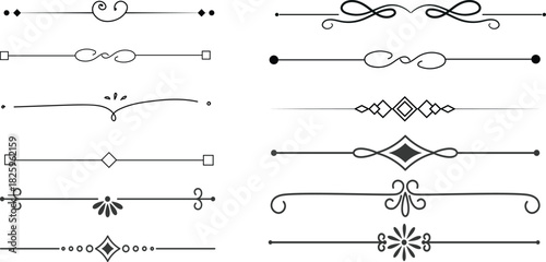 Set of black decorative line dividers with simple vintage ornaments and geometric vector designs.divider marker sketch doodle vector lines set element.set retro decorative page dividers design 