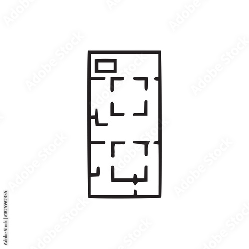 Simple black and white line drawing of a rectangular floor plan with rooms and a door.