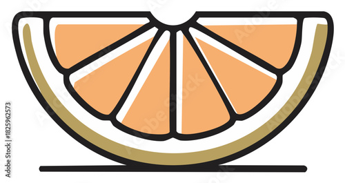 Stylized Orange Slice with Black Outline and White Segment Separation, Single Piece Cut Fruit Vector Graphic, Rounded Shape