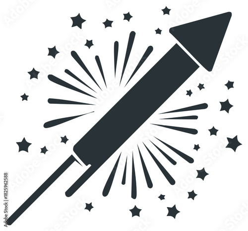 Rocket firework blasting off with sparkling starbursts and scattered stars