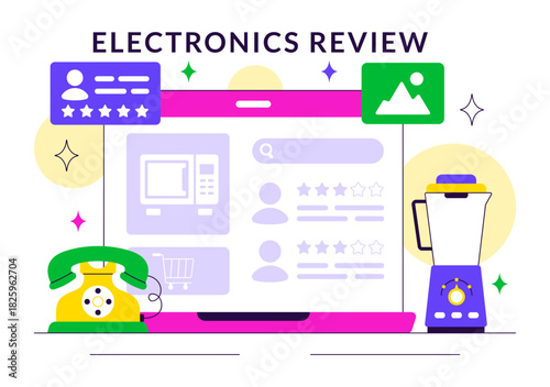 Electronics Review Vector Illustration with Customer Ratings on Service Quality and User Feedback in a Flat Cartoon Background
