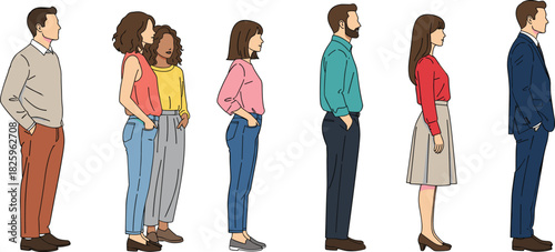 Illustration of diverse people standing in side view poses, men and women in casual and formal clothing for character design and presentation