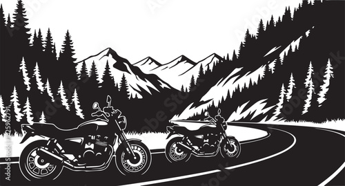 Motorcycle Mountain Adventure Silhouette – Bikers, Pines & Rugged Peaks