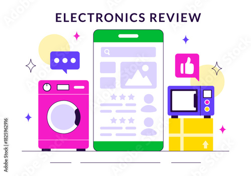 Electronics Review Vector Illustration with Customer Ratings on Service Quality and User Feedback in a Flat Cartoon Background