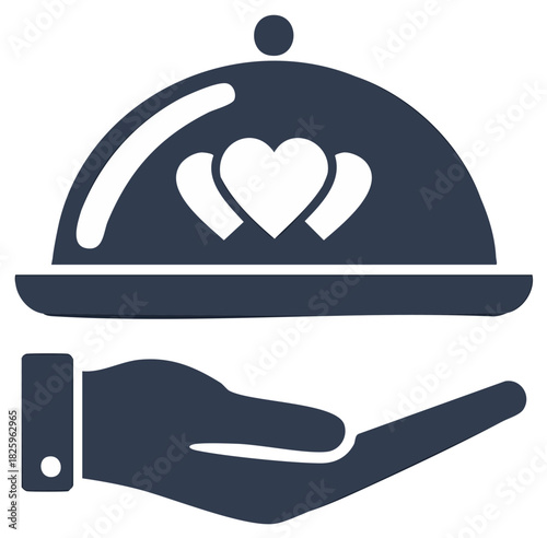 Hand holding serving dish with hearts icon symbolizing love and care