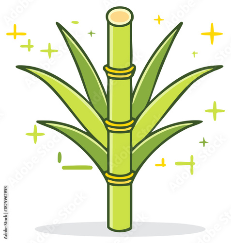 Stylized green sugarcane plant with fresh leaves and sparkling accents vector illustration