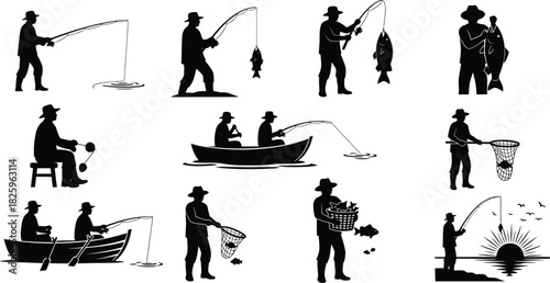 Silhouette of fishermen in various fishing activities 