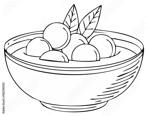 Vector Bowl with Dumplings and Herbs Sketch, Food Illustration Line Art