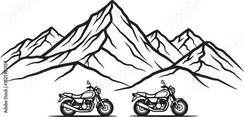 Motorcycle Mountain Adventure Silhouette – Bikers, Pines & Rugged Peaks