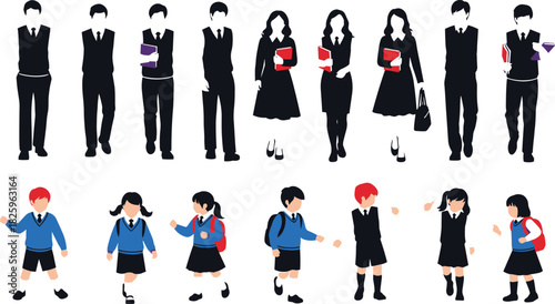 Silhouette and flat illustration of students in school uniforms, boys and girls walking, studying, carrying books and backpacks for education design