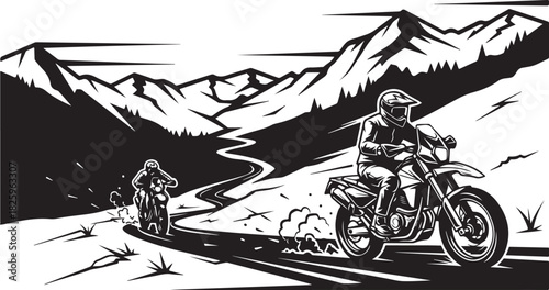 Motorcycle Mountain Adventure Silhouette – Bikers, Pines & Rugged Peaks