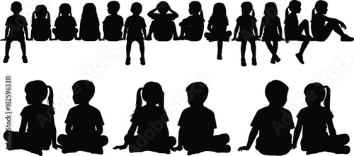 Silhouette children sitting in various poses, group of kids illustration, childhood activity silhouettes, school children vector, playful kids artwork