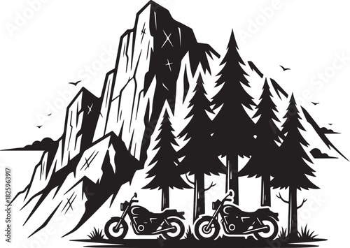 Motorcycle Mountain Adventure Silhouette – Bikers, Pines & Rugged Peaks