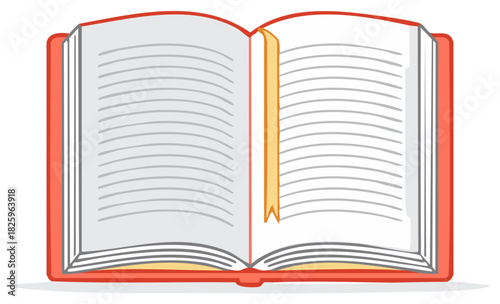 Open red book with lined blank pages and a yellow bookmark graphic illustration