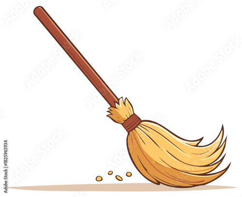 Cartoon broom sweeping scattered debris on a neutral surface
