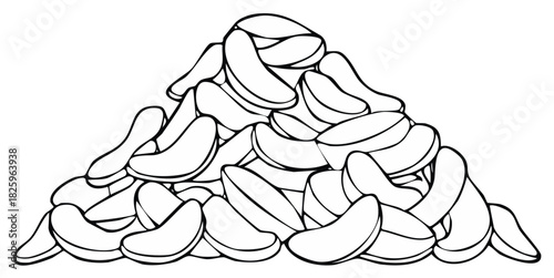 Hand drawn pile of cashew nuts in black and white line art style
