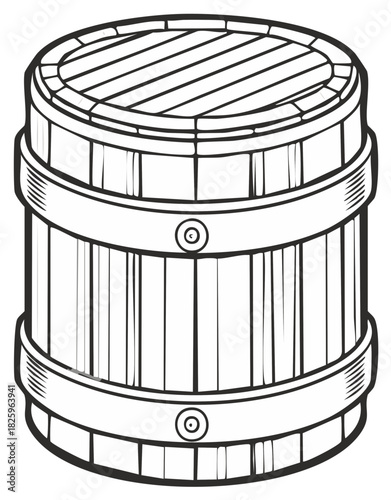 Vintage wooden barrel with metal hoops and lid vector line art illustration