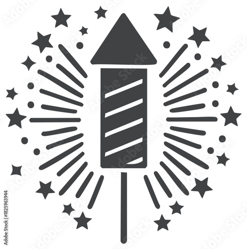 Stylized firework rocket exploding with radiating lines and stars