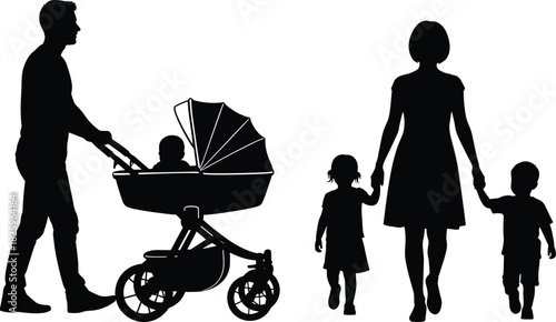 Silhouette illustration of parents walking with children and baby stroller, family outing scene showing bonding, childhood, parenting, and outdoor lifestyle design