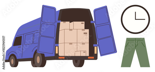 Open delivery van with boxes, clock, and pair of pants. Ideal for logistics, time management, efficiency, cargo transport, punctuality, goods distribution simple flat metaphor