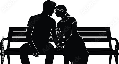 Silhouette of a romantic couple sitting on a bench 