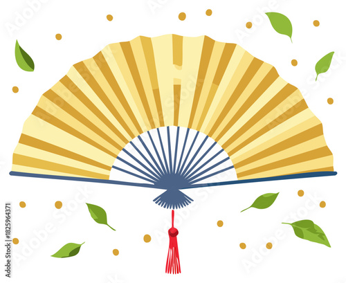 Elegant golden fan with red tassel and falling leaves, decorative and cultural accessory