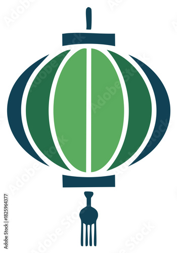 Simple green and dark blue traditional Asian lantern with tassel graphic illustration