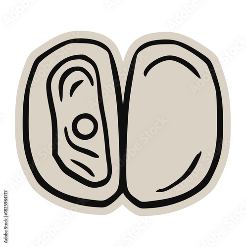 Open oyster minimal doodle icon: hand drawn vector sketch of clam or mollusk shell for luxury seafood, ocean, restaurant, nature, summer, simple, retro, sticker, food, marine, illustration