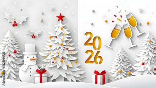 Christmas and new year 2026 celebration with paper craft trees, snowman, gifts, champagne, and holly, isolated on white background