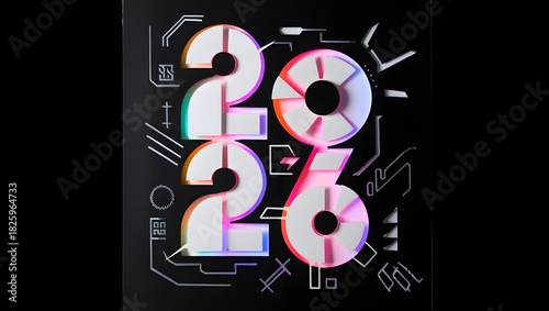 Futuristic 2026 design with vibrant gradient colors and abstract digital line art on a dark background, representing new year, technology, and future innovation