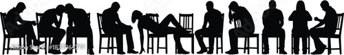 Silhouette illustration of tired people sitting on chairs in various exhausted poses, showing fatigue, stress, waiting, burnout, depression and emotional strain