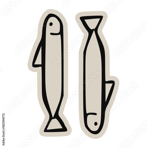 Pair of small fish minimal doodle icon: hand drawn vector sketch of anchovies or sardines for seafood, fishing, ocean, market, cooking, simple, retro, sticker, nature, marine, illustration, food