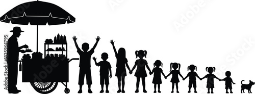 Silhouette illustration of street food vendor with children holding hands, playful group of kids, outdoor scene with snack cart and dog