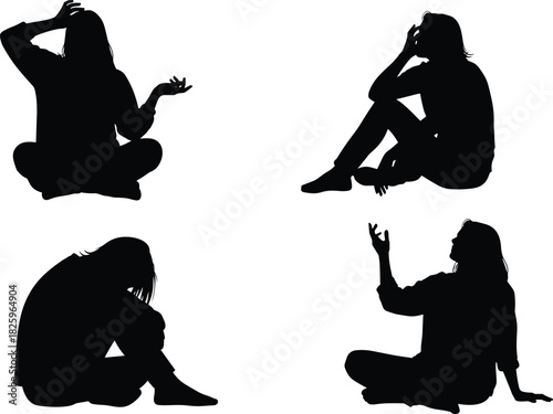 Silhouette illustration of women sitting on the ground in expressive poses, thoughtful and emotional body language concept for lifestyle and artistic design