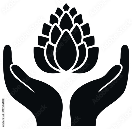 Stylized hands cradle a lotus flower, symbolizing care, growth, and purity.