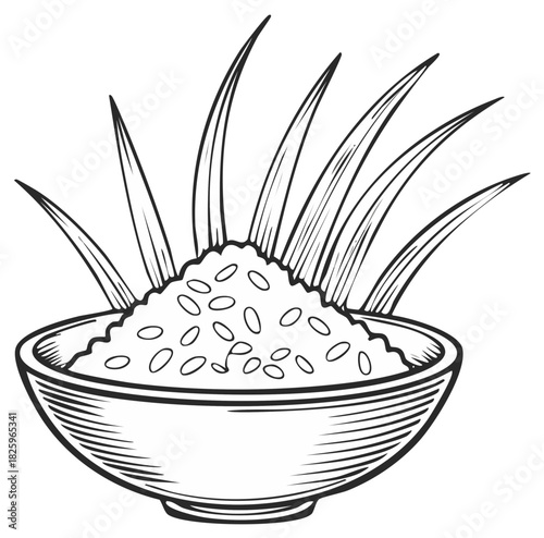 Hand drawn bowl of rice with paddy plant leaves illustration