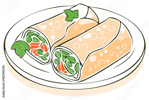 Delicious fresh spring rolls filled with crisp green vegetables and carrots served on a white plate vibrant food illustration