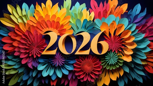 Vibrant paper cut art featuring the year 2026, surrounded by a colorful array of stylized flowers and leaves, creating a festive and celebratory design for new year events and future planning