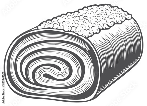 Engraved Pastry Roll with Topping Detailed Vintage Food Illustration