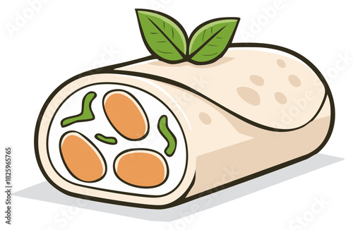 Cartoon vector illustration of a fresh food wrap or burrito with filling and leaf garnish