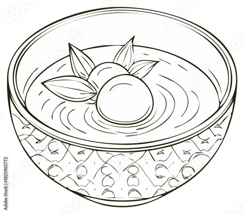 Line art illustration of a decorative bowl filled with soup or dessert topped with round elements and leaves