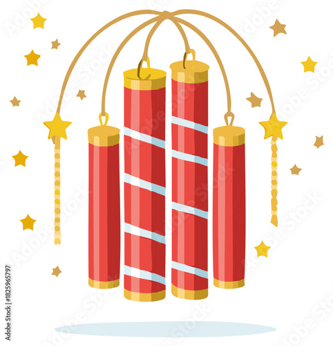 red firecrackers with gold stars and ribbons clip art preview