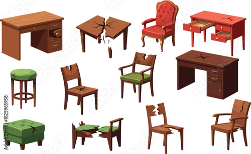 Broken damaged furniture set with cracked chairs desks tables stools armchairs destroyed wooden pieces interior repair restoration cartoon illustration