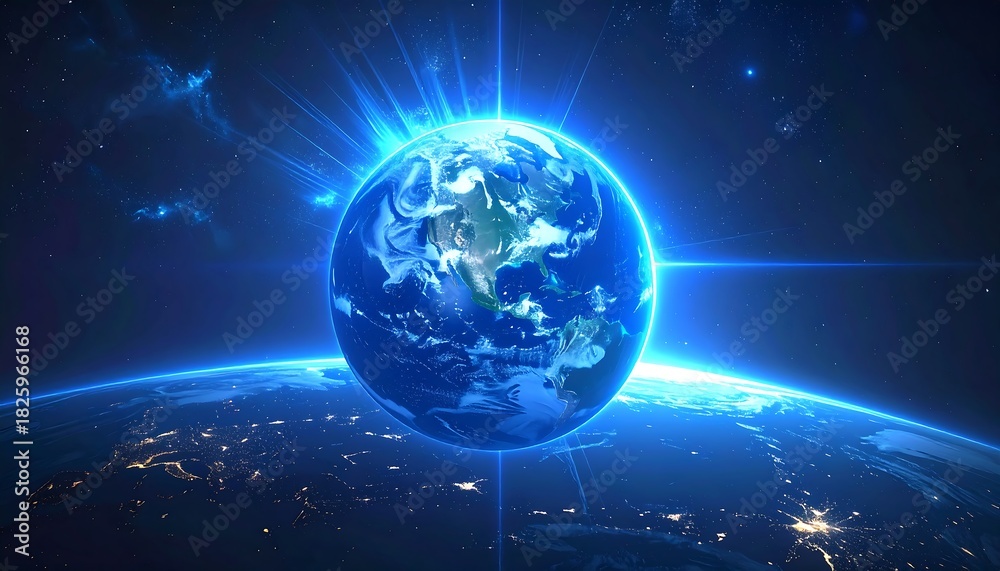 Obraz premium Glowing Earth, emanating light, viewed from space, blue hues