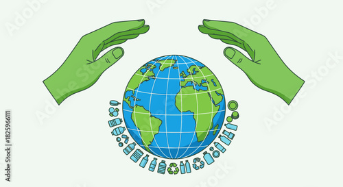 Green hands protect a blue and green Earth globe, symbolizing global environmental conservation efforts against the threat of plastic pollution and waste.