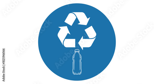 A vibrant blue circular icon features the universal recycling symbol with a plastic bottle silhouette, promoting environmental sustainability and responsible waste management.
