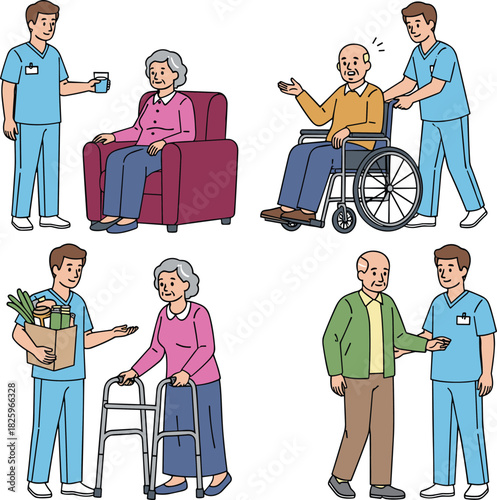 Caregiver assisting elderly people with daily activities, senior care support, nursing home help, wheelchair assistance, walking aid and home care service