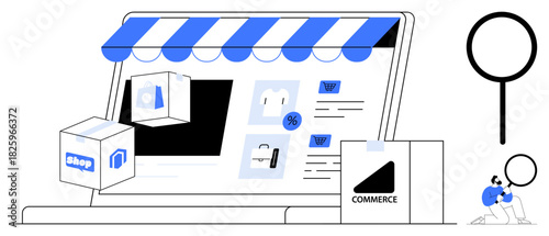 Laptop screen displaying a digital storefront with product images, shopping bags, search icon, and package. Ideal for online business, e-commerce, marketing, retail, shopping product search