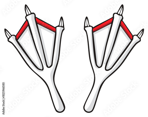 Illustration of two webbed feet, stylized drawing with white, red and black colors