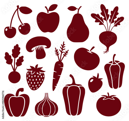 Collection of Dark Red Fruit and Vegetable Silhouettes on White